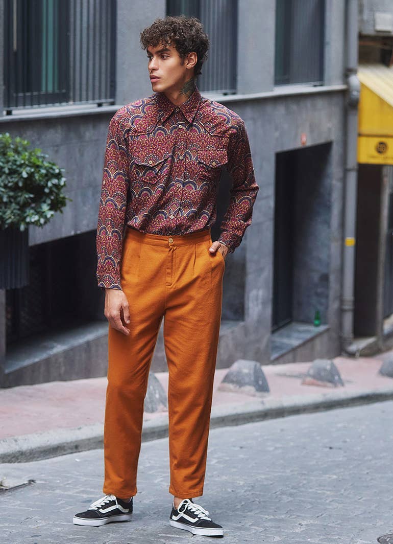 ✓ Boho Style High Waist Orange Cotton Pants for Men