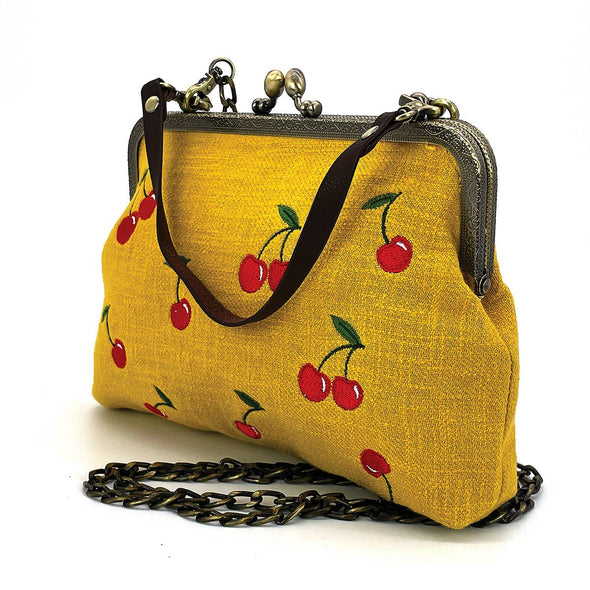 Cherry Kisslock Bag in Linen + Cotton blend fabric: YELLOW