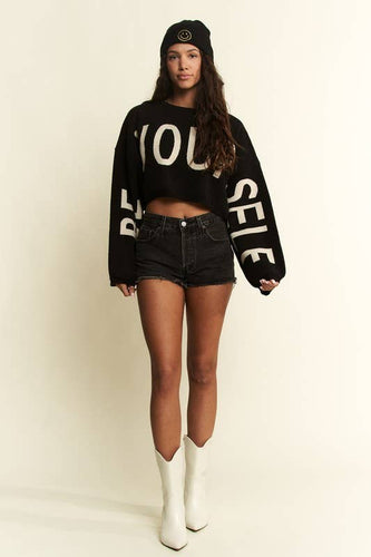 PLUS BE YOUR SELF SWEATER CROP TOP: Black / 1XL/2XL