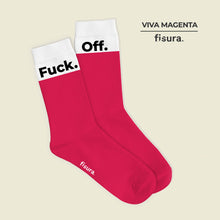 Load image into Gallery viewer, Pair of Viva Magenta “Fuck Off” socks