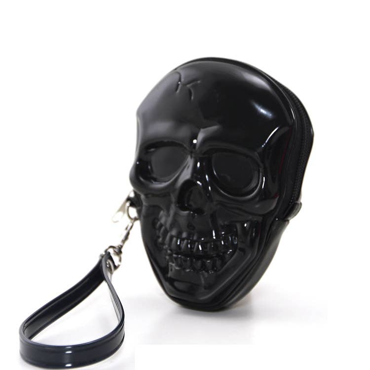 Smiling Skull Zippered Wristlet: Black