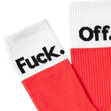 Load image into Gallery viewer, Pair of Viva Magenta “Fuck Off” socks