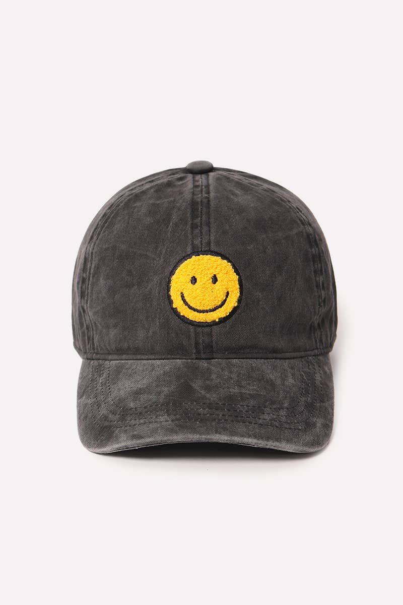 Chenille Smiley Face Baseball Cap: Black/Yellow