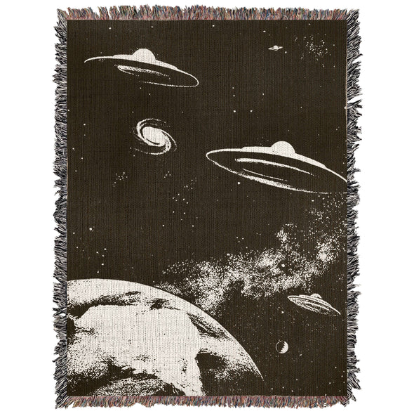 UFOs and UAPs in Space Over Planet Earth Woven Throw Blanket: Medium - 50" x 60"