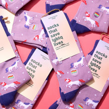 Load image into Gallery viewer, Socks that Save LGBTQ Lives (Purple Unicorns)