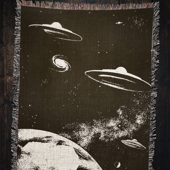 UFOs and UAPs in Space Over Planet Earth Woven Throw Blanket: Medium - 50" x 60"
