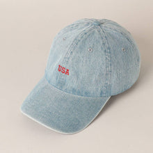 Load image into Gallery viewer, USA Embroidered Denim CottonUSA Embroidered Den Baseball Cap: LT BLUE / ONE SIZE