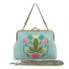 Load image into Gallery viewer, Frog in the Lily Pond Kiss Lock Bag in Linen Cotton Blend Ma