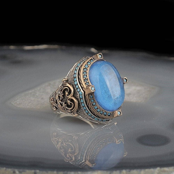 Blue Tourmaline Stone Ring Vintage Style Sterling Silver: 11 1/4 US