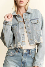 Load image into Gallery viewer, FRAYED HEM SMILEY PATCH CROPPED DENIM JACKET