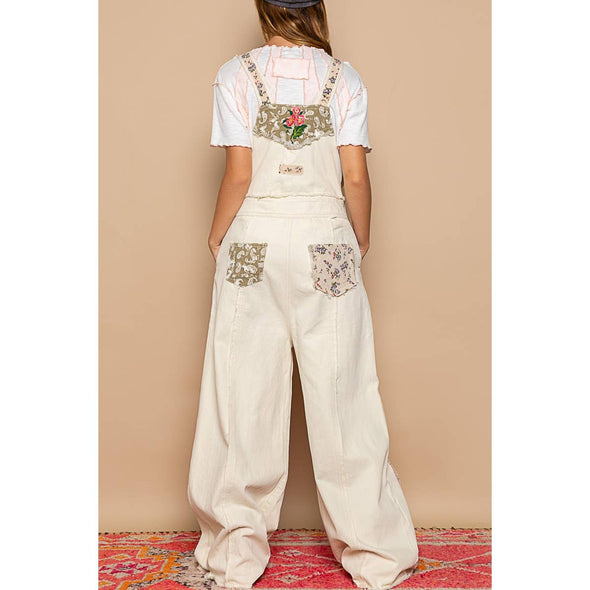 Floral patchwork embroidery overall ALMOND