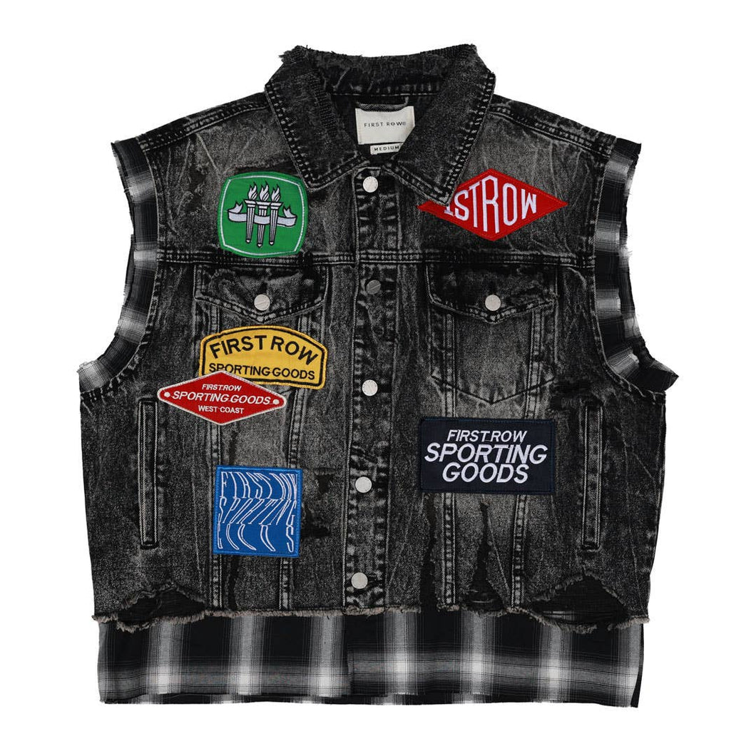 PATCHES CUT OFF PLAID DENIM VEST