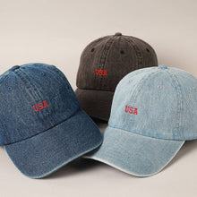 Load image into Gallery viewer, USA Embroidered Denim CottonUSA Embroidered Den Baseball Cap: LT BLUE / ONE SIZE