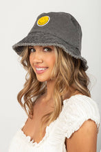 Load image into Gallery viewer, Chenille Patch Smiley Face Bucket Hat: Black