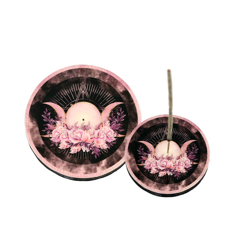Round Wooden Incense Burner (4 in.) - Rose Triple Moon