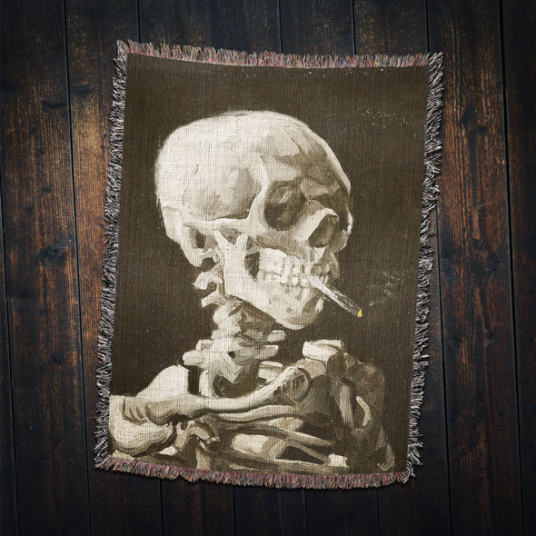 Killer Goods • Woven Blankets, Gifts, Home Decor - Vintage Van Gogh Smoking Skeleton Woven Throw Blanket: Small - 37" x 52"