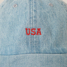 Load image into Gallery viewer, USA Embroidered Denim CottonUSA Embroidered Den Baseball Cap: LT BLUE / ONE SIZE