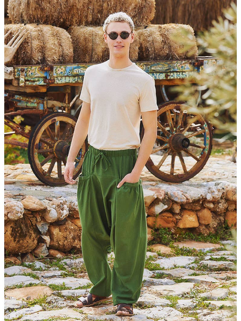 Men's Green Drop Crotch Boho Hippie Pants