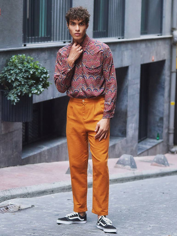 Boho Style High Waist Orange Cotton Pants for Men