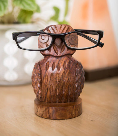 Hand Carved Hoodwink Owl Eyeglass Holder Stand