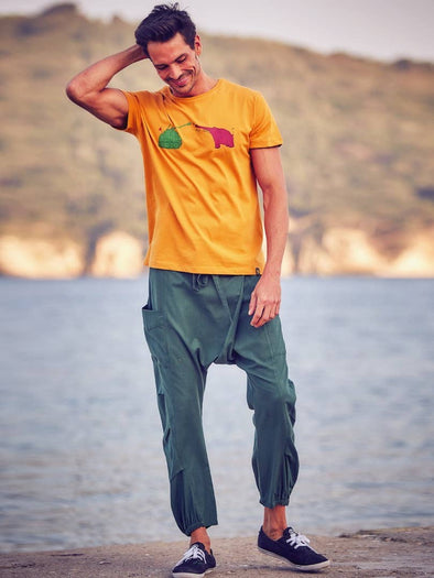 Casual Boho Mens Green Drop Crotch Pants