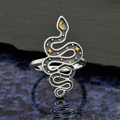 Sterling Silver Snake Ring with Bronze Star and Moon