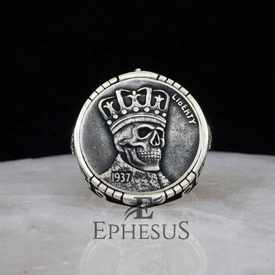 Ephesus Jewelry - Mens Silver Skull Ring with Liberty Mark
