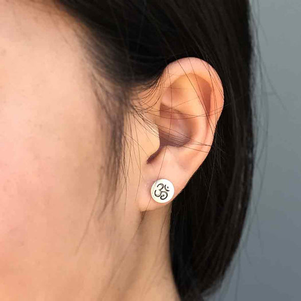 Sterling Silver Stud Earrings - Etched Om on Disk 8x8mm