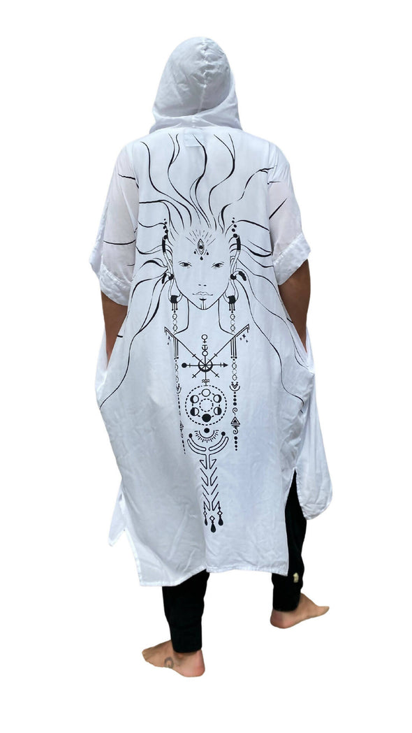 "Celestial Spirit" hooded unisex kimono white