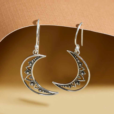Sterling Silver Mandala Moon Dangle Earrings 37x17mm