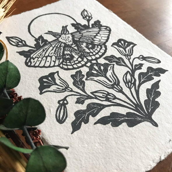 IO Moth & Poppies Handprinted Linocut on Handmade Paper 5x7"
