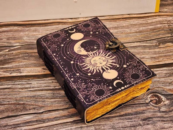 Celestial Sun & moon grimoire leather journal Handmade vinta