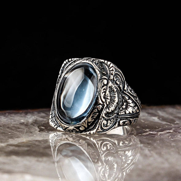 Sterling Silver Topaz Ring with Hand Engraved Motifs
