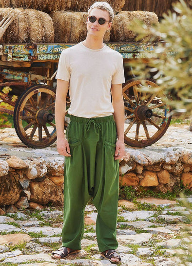 Men's Green Drop Crotch Boho Hippie Pants