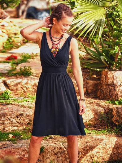 Double Breasted Neck Strappy Bohemia Black Sundress