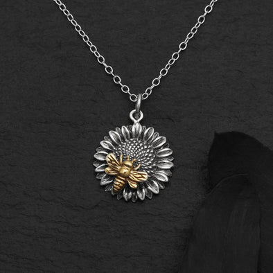 Sterling Silver 18 Inch Sunflower Necklace with Bronze Bee