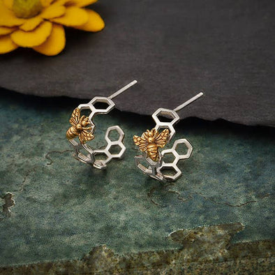 Silver Honeycomb Hoop Huggie Earring with Bronze Bee 17x15mm