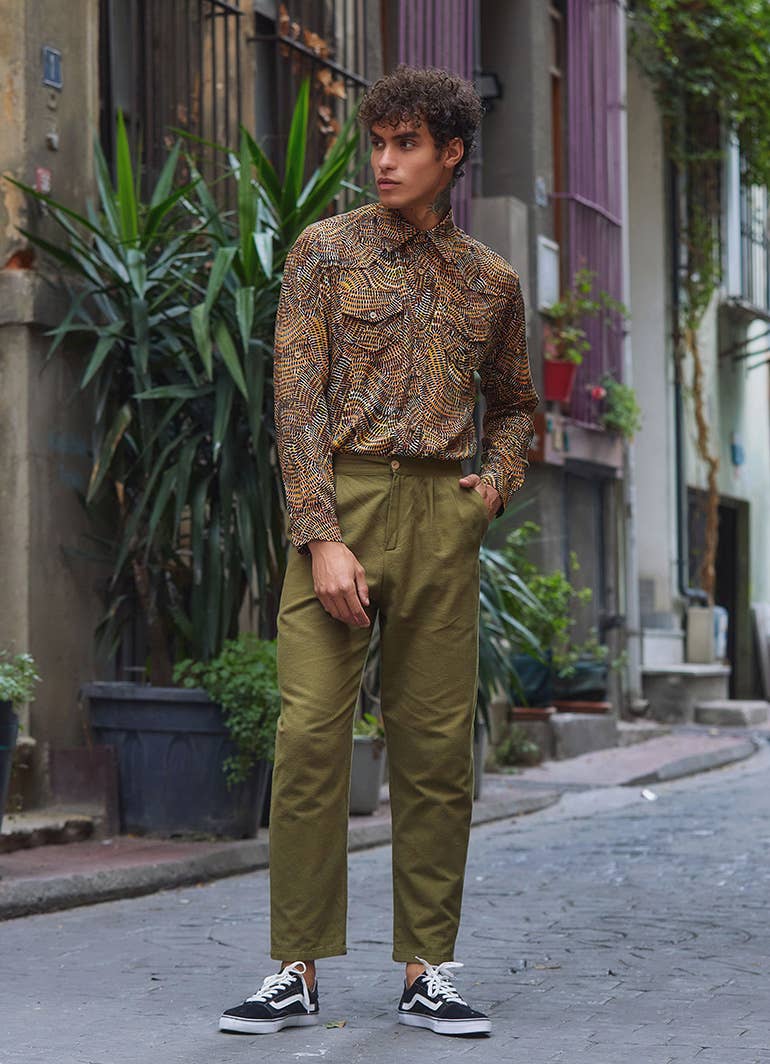 Boho Style High Waist Khaki Cotton Pants for Men