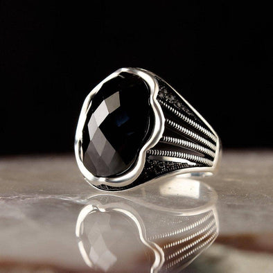 Mens Sterling Silver Ring with Black Stone