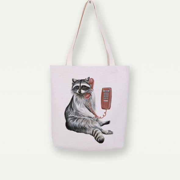 Raccoon On The Phone Tote Bag, Handbag