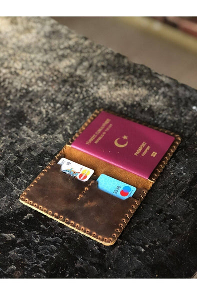 Brown Distressed Leather Passport Wallet Card Holder