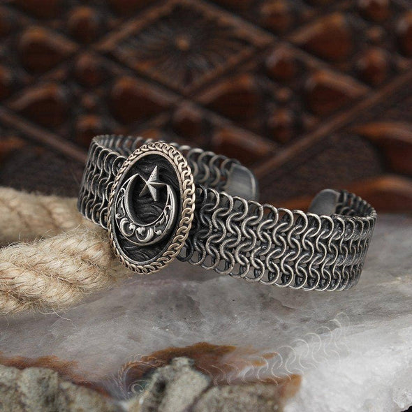 Ephesus Jewelry - Braided Silver Bracelet With Moon And Crescent
