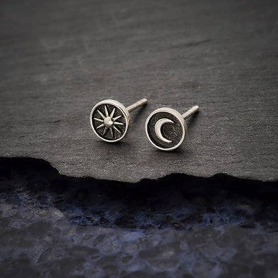 Raised Sun and Moon Post Earrings 6x6mm: Sterling Silver
