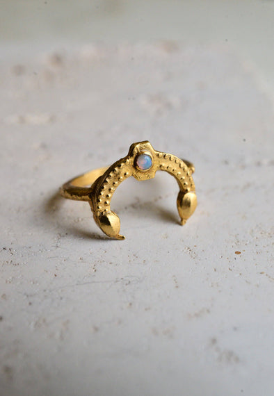 Double Serpent Ring: Bronze - White Opal / 7
