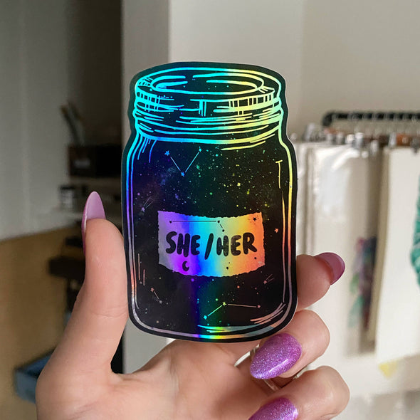 Jess Weymouth - Holographic Pronoun Stickers (she/her) (he/him) (they/them)