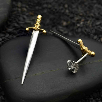 Mixed Metal Large Sword Post Earrings 35x9mm