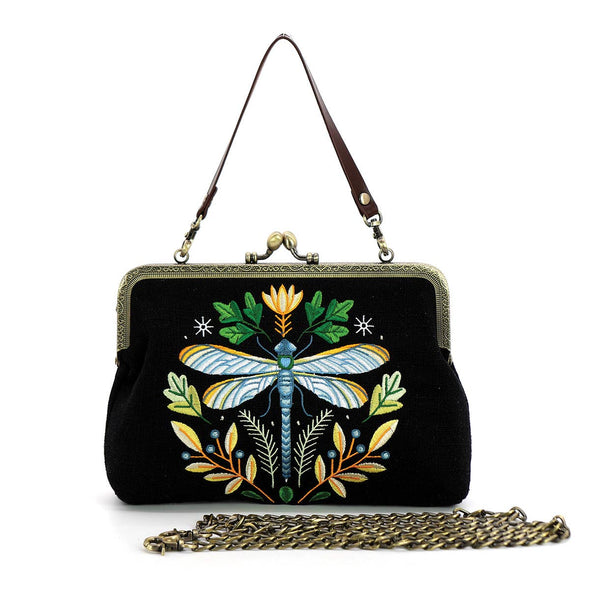 Dragonfly Vintage Kisslock Bag: Beige