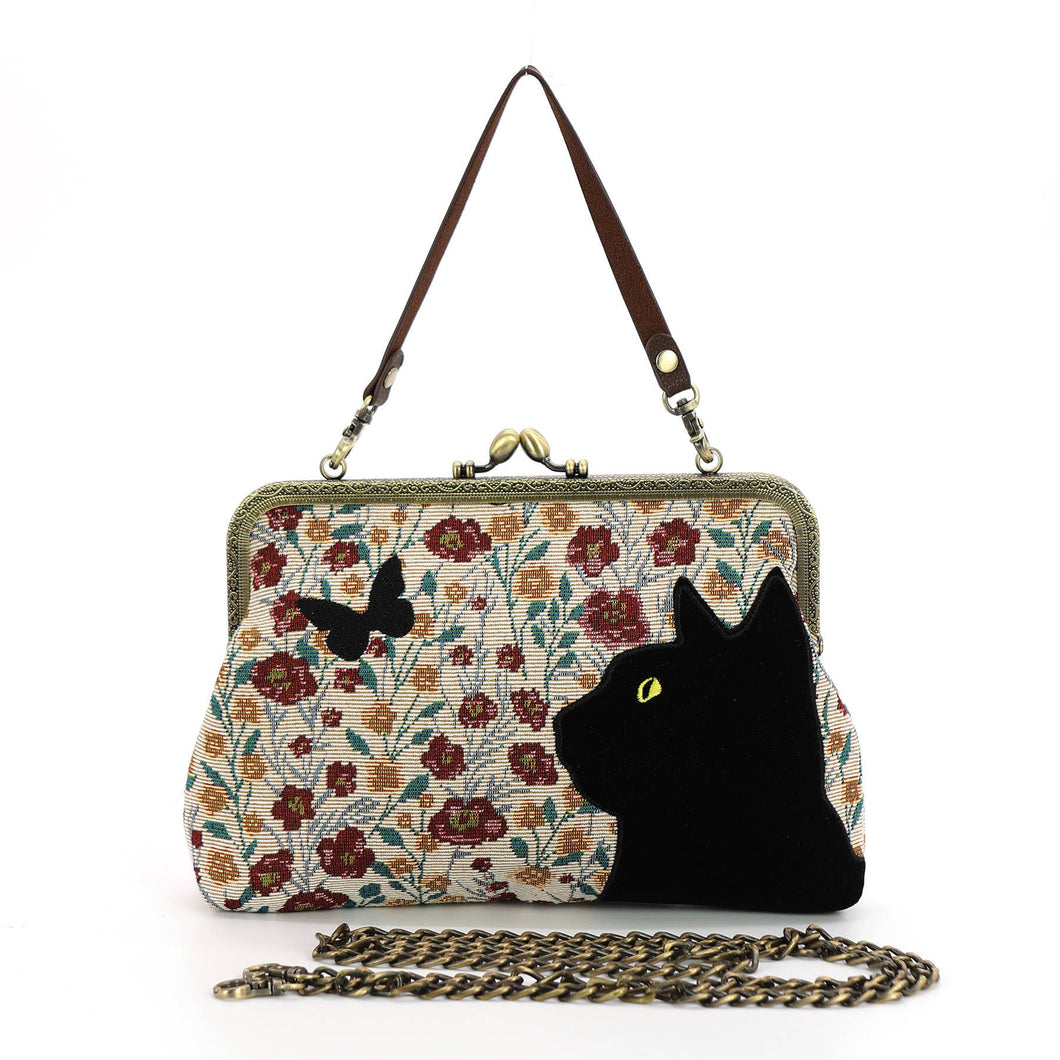 Floral Black Cat Kisslock Bag in Cotton Fabric