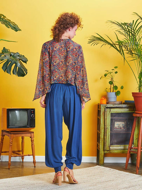 Pleat Detail Boho-Chic Blue Harem Pants