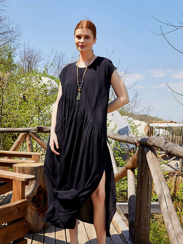 Boho Style Flared Long Slit Black Dress